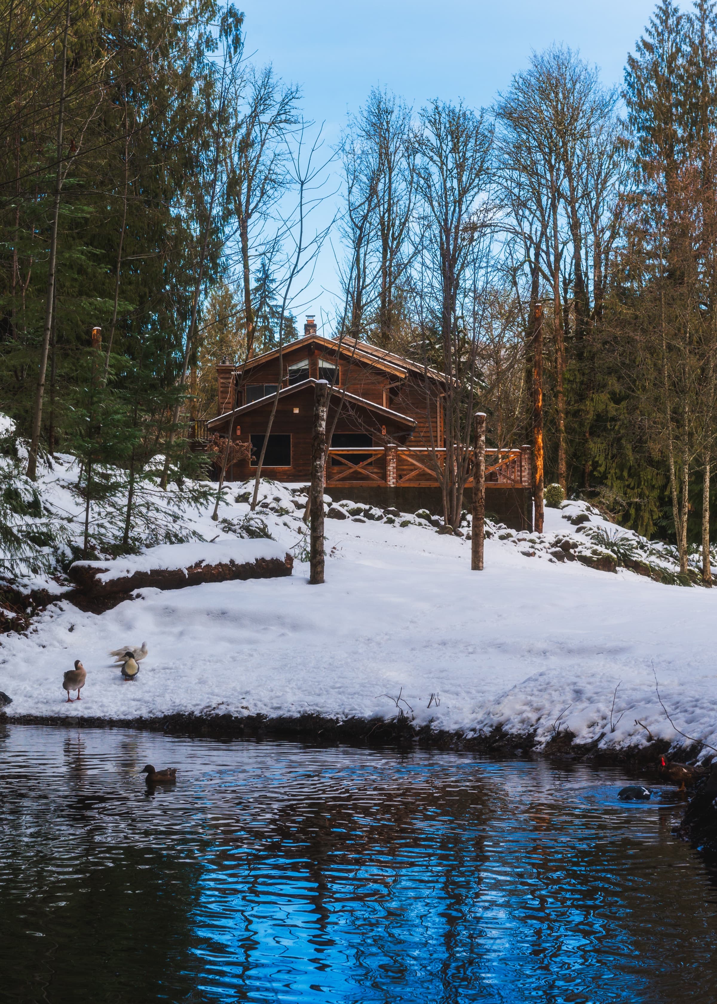 Lodge in winter with snow-covered grounds and pond