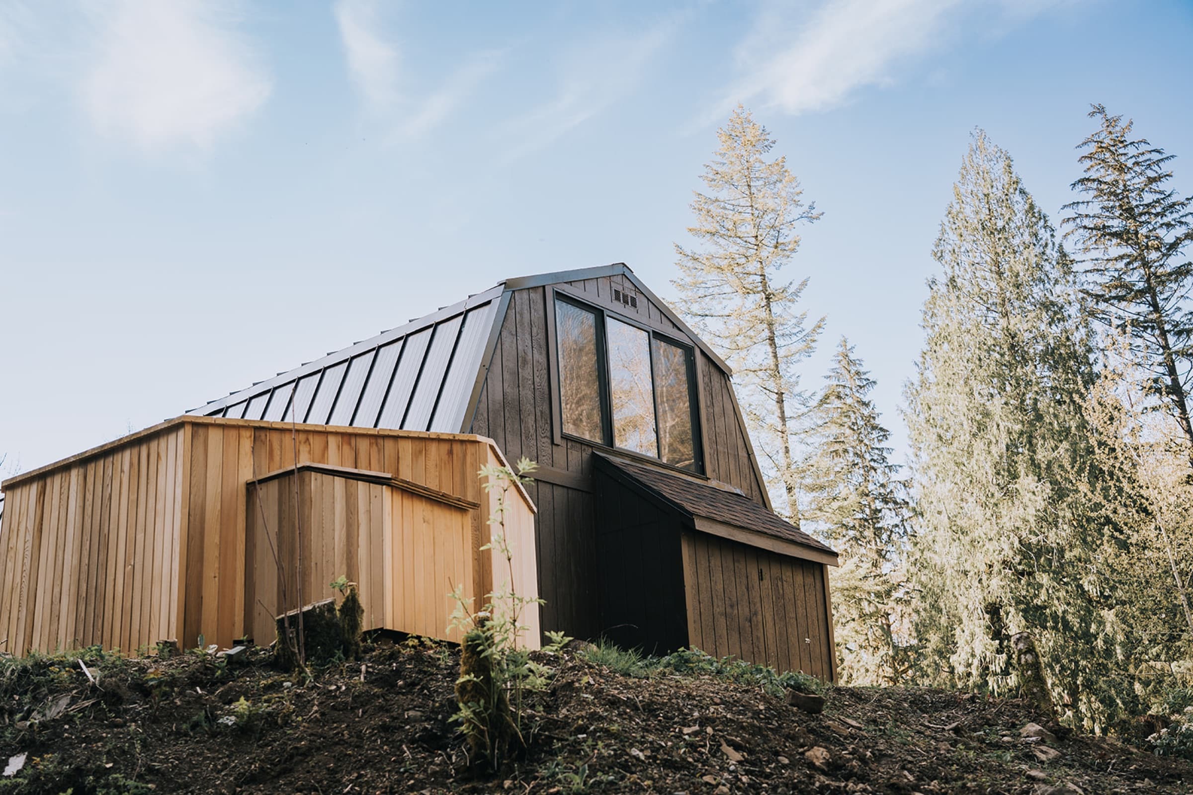 Modern barn with cedar accents and geometric windows