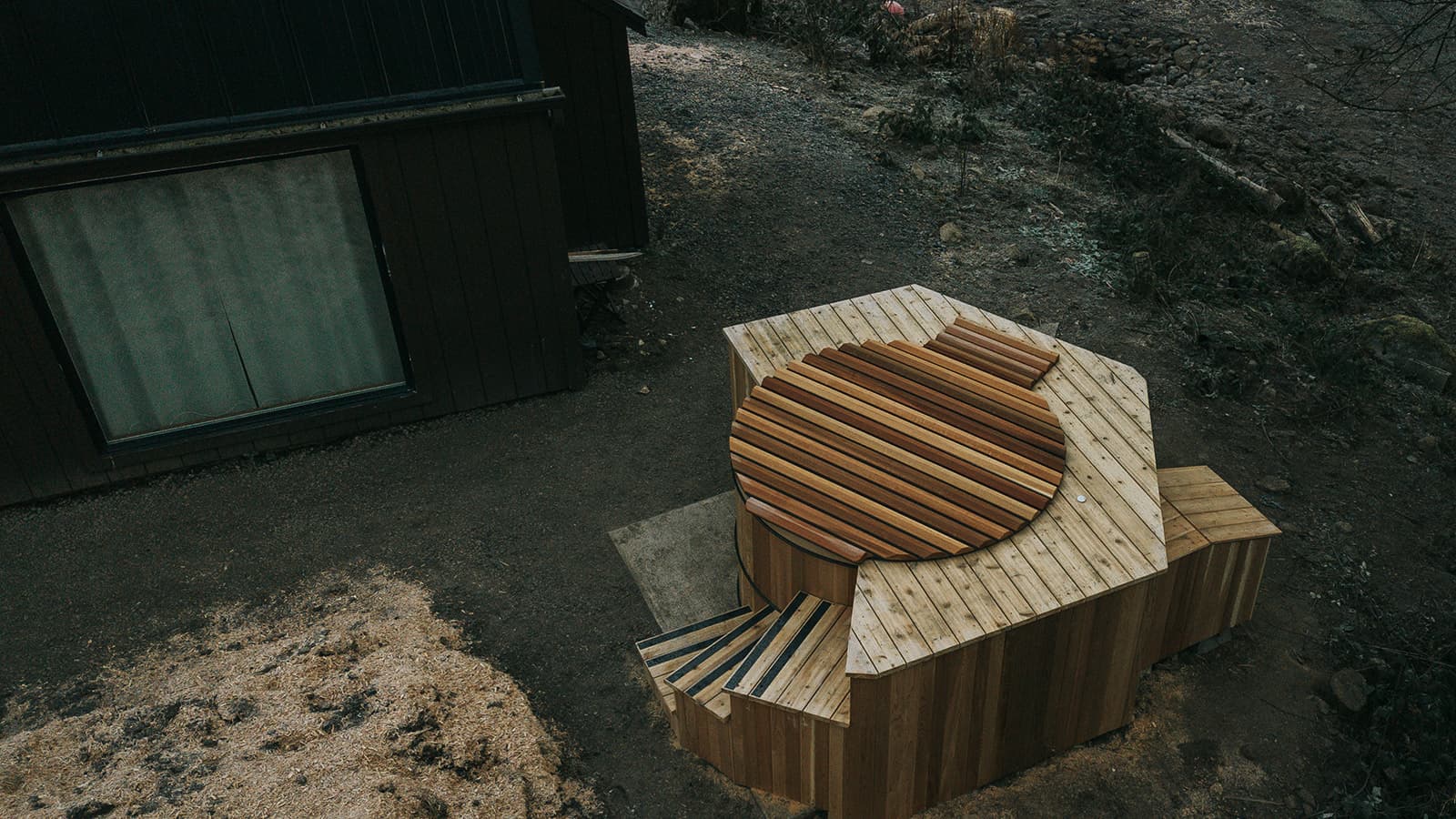 Cedar hot tub and deck from above
