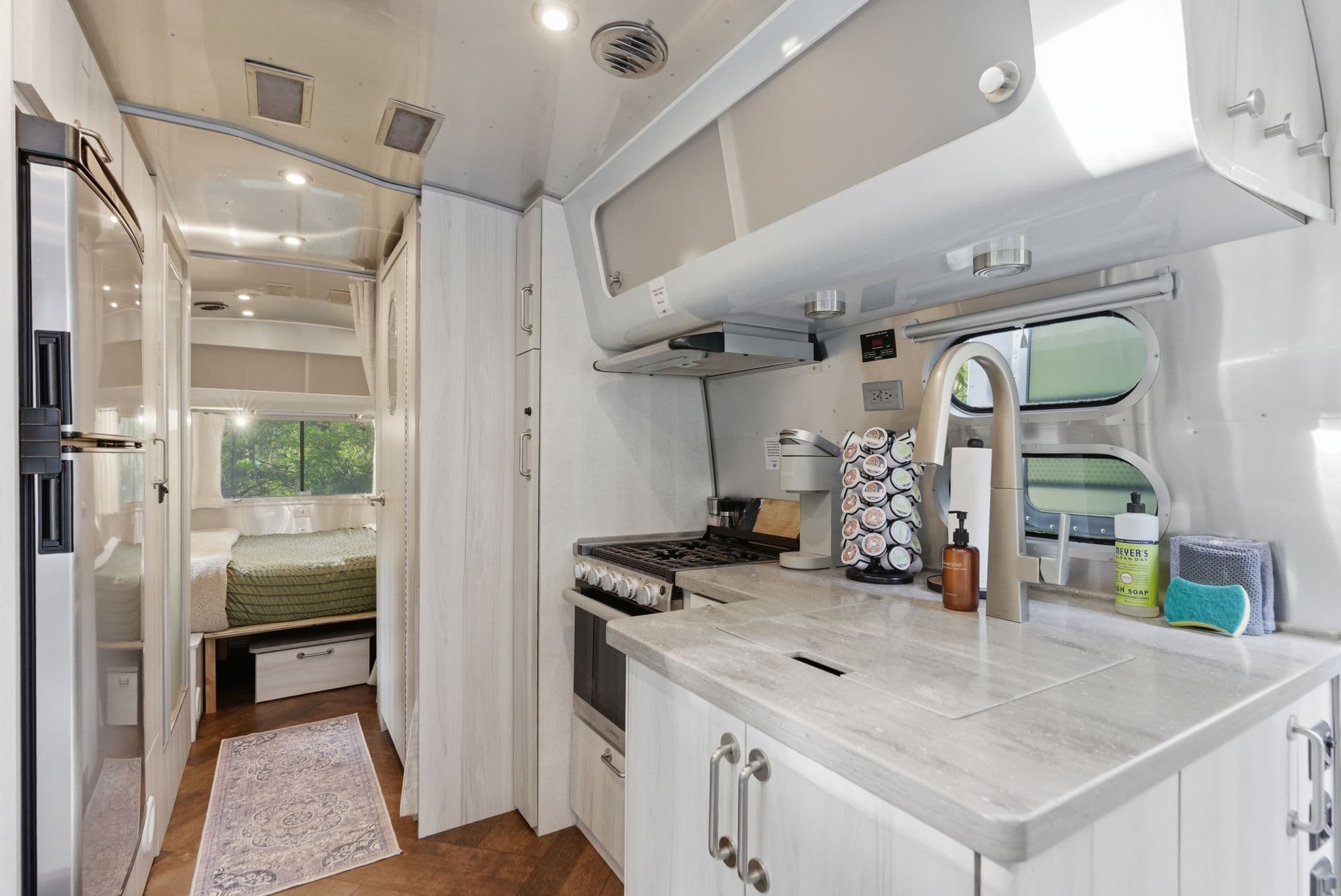 Airstream galley kitchen looking back toward the bedroom