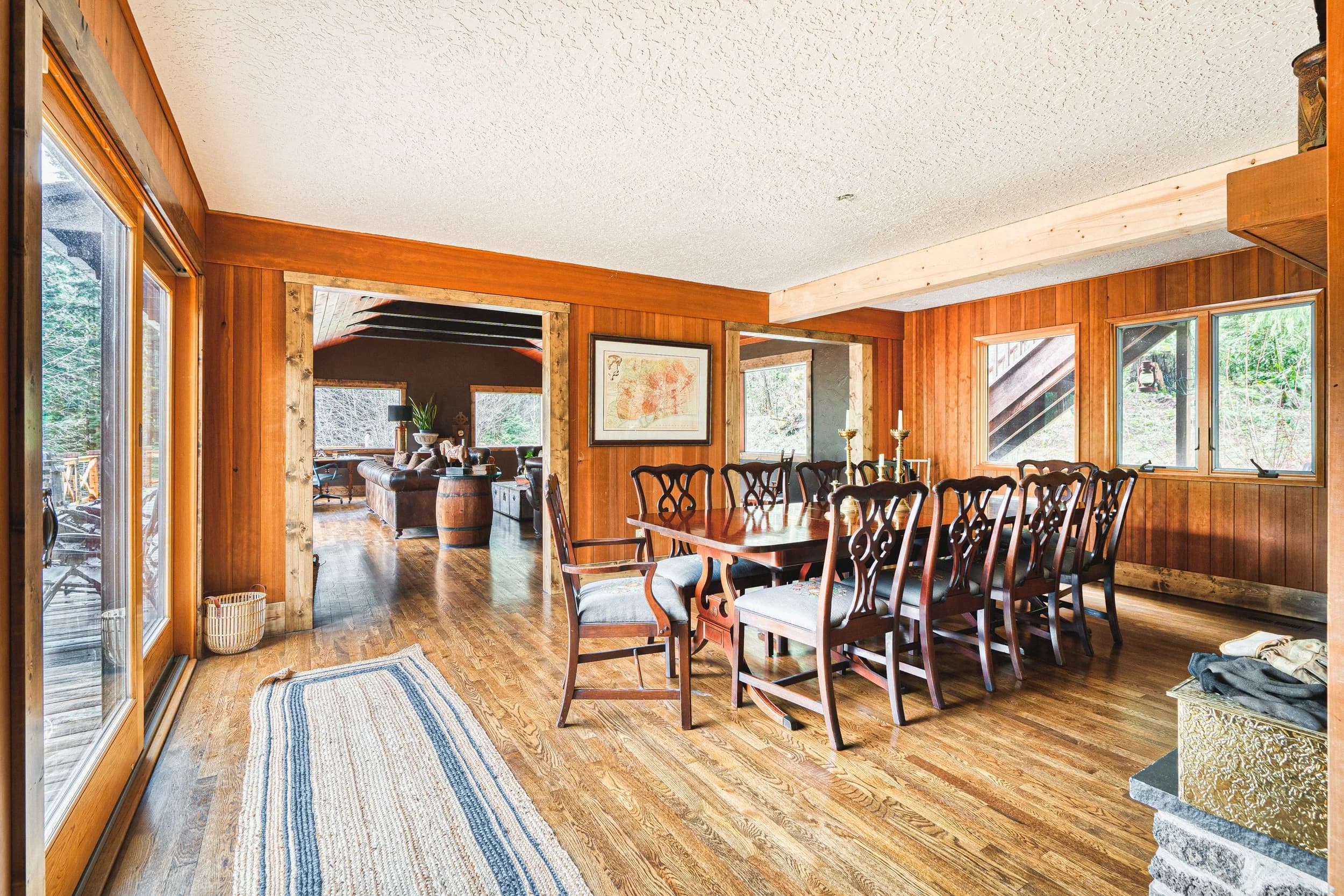 Dining room with stone fireplace